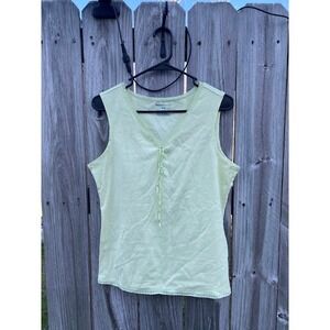 Basic Editions Lime Green Pointelle Lace Trim Ribbon Tie Tank Top Womens Medium